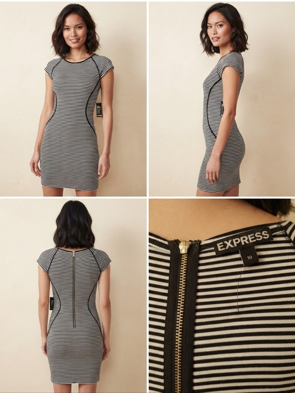 Express Black White Striped Bodycon Dress Size 10 Cap Sleeve Midi